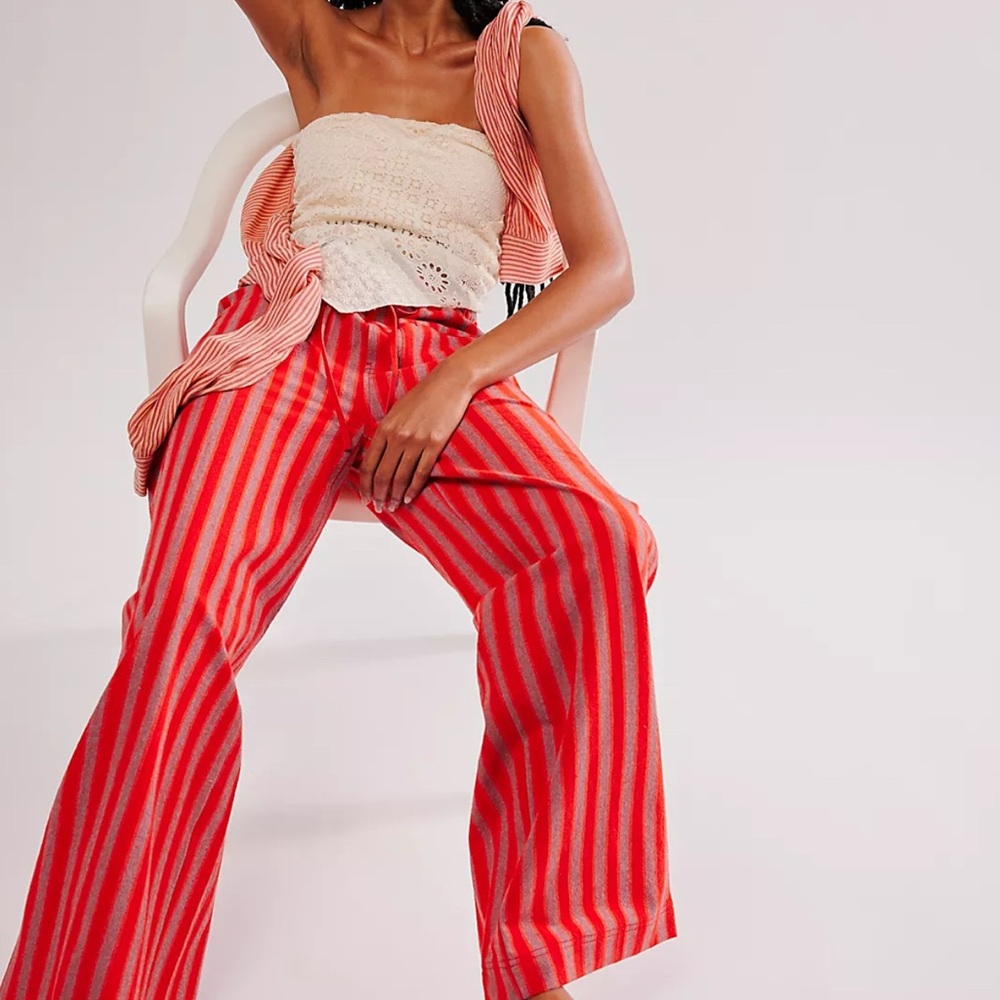 Free People Red Wide Leg Pants with Bold Stripes